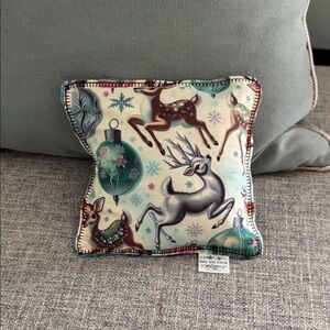 Handcrafted Retro Reindeer balsam pillow in aqua, gray, and brown. Brand new.